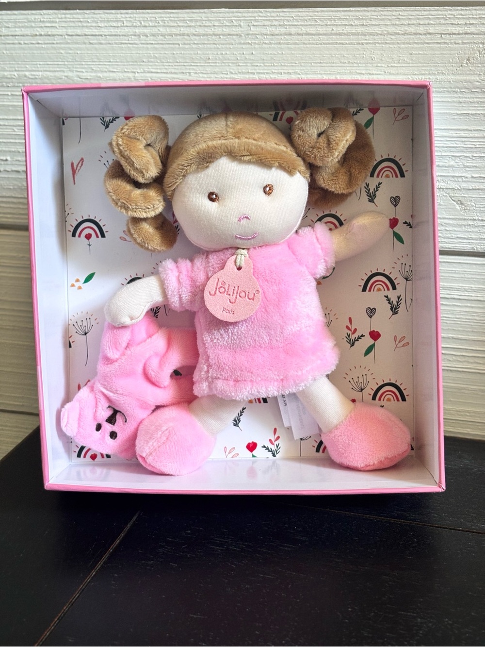 JoLijou Paris Demoiselle Rose Plush My First Doll Pink Dress Brown Hair Bear NEW